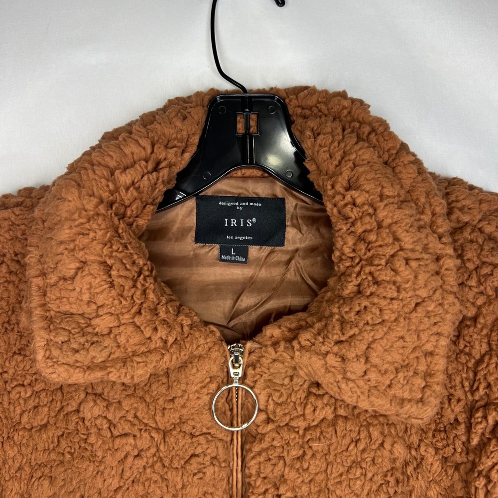 Iris Fuzzy Teddy Zip‎ Up Sweater Jacket L Faux Fur Cozy Soft Cottage Cropped